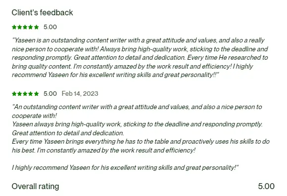 FEEDBACK FROM CLIENTS - Content Writer and Copywriter - Muhammad Yaseen Khan